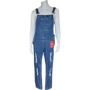 Fashio Women's 16 Distressed Straight Leg Denim Overalls Adjustable Straps